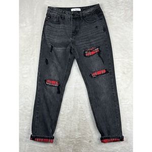 Vtg KanCan Jeans Women’s Size 7/27 Black Peek-A-Boo Plaid Patch Distressed Flip